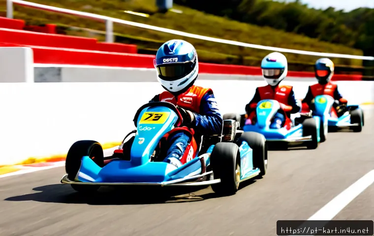 카트라이더 팀플레이와 드리프트 공략 - Photorealistic indoor electric go-kart team race on a modern Portuguese kart circuit, three helmeted...