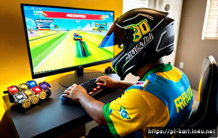 카트라이더 이벤트 코인 사용법 - Photorealistic Brazilian young adult at a clean home gaming desk, using a desktop racing game menu w...