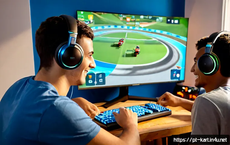 Home 17 카트라이더 신규 유저의 팀플레이 참여 방법 - Photorealistic esports team practice scene in a cozy Brazilian home gaming room, three diverse young...