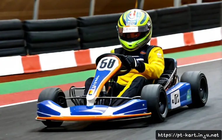 카트라이더 트랙 공략법과 모드별 차이 - Photorealistic indoor go-kart racing circuit in Portugal, a focused adult driver in full helmet and ...